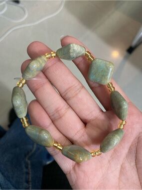 Handcrafted Green Coral Stone and Gold Bead Stretch Bracelet